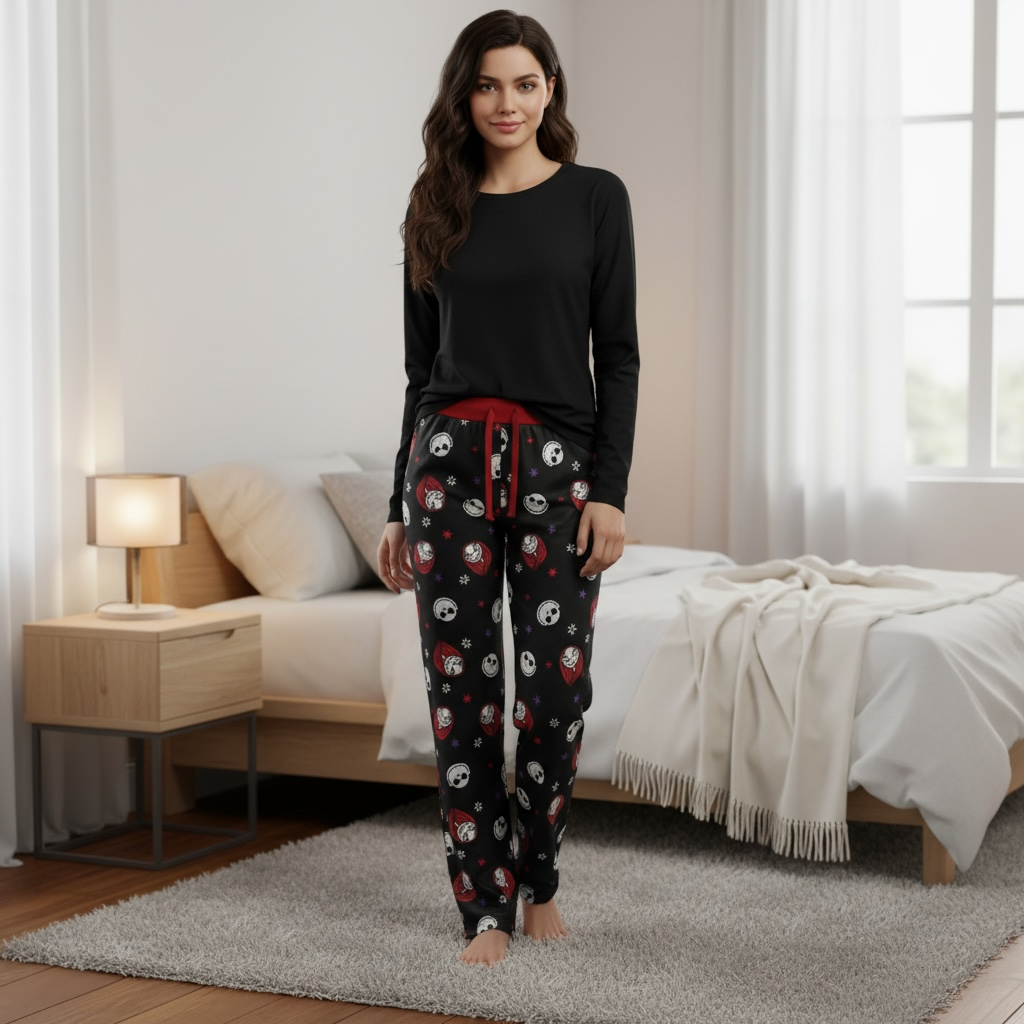 Disney The Nightmare Before Christmas Jack & Sally Allover Print Pajama Pants with Red Drawstring Waist