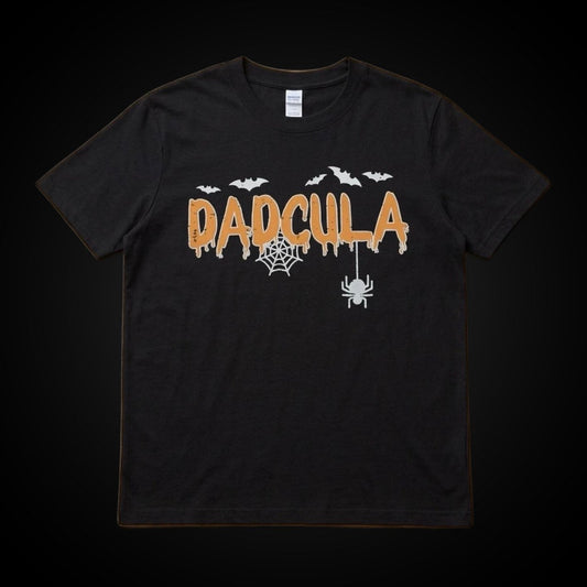 Black Dadcula Halloween t-shirt with orange dripping DADCULA letters, bats, spider web and hanging spider graphic