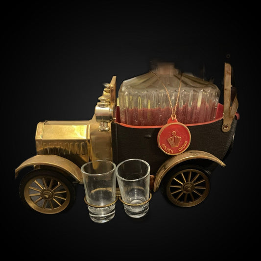 Vintage Golden Crown Car Decanter Set — Brass Antique Automobile with Shot Glasses