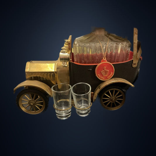 Vintage Golden Crown Car Decanter Set — Brass Antique Automobile with Shot Glasses